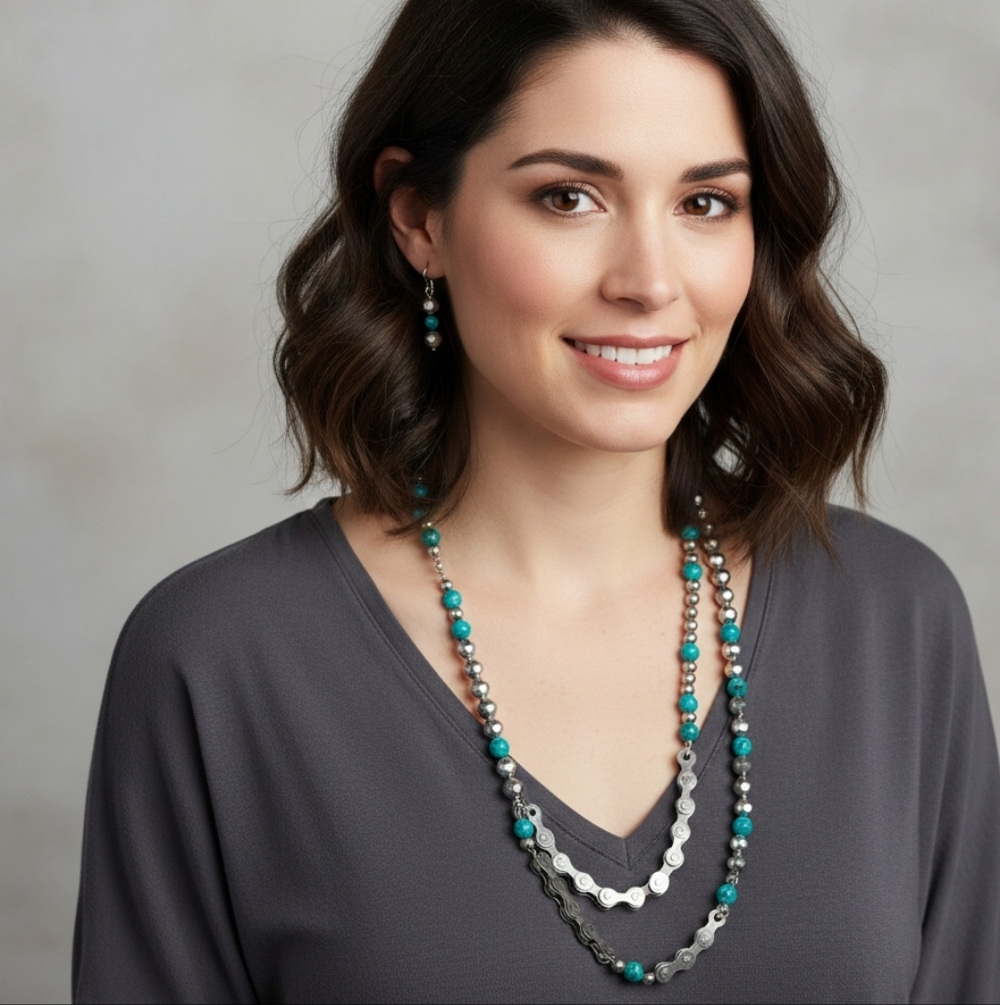 Turquoise Bike Chain Necklace &  Earrings Set silver chain accents the Turquoise